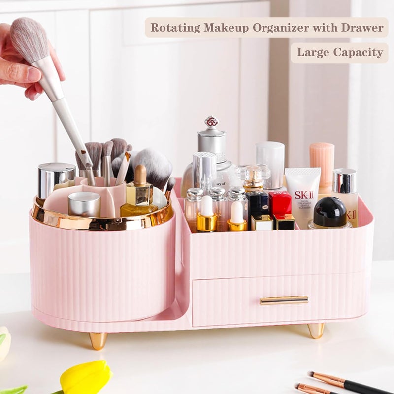 COMFYROOM Rotating Makeup Organizer for Vanity with Brush Holder and Drawer, Cosmetic Makeup Storage, Large Spinning Makeup Skincare Organizer, Countertop Makeup Perfume Organizer, Lotions Display Case (Pink) - Image 5
