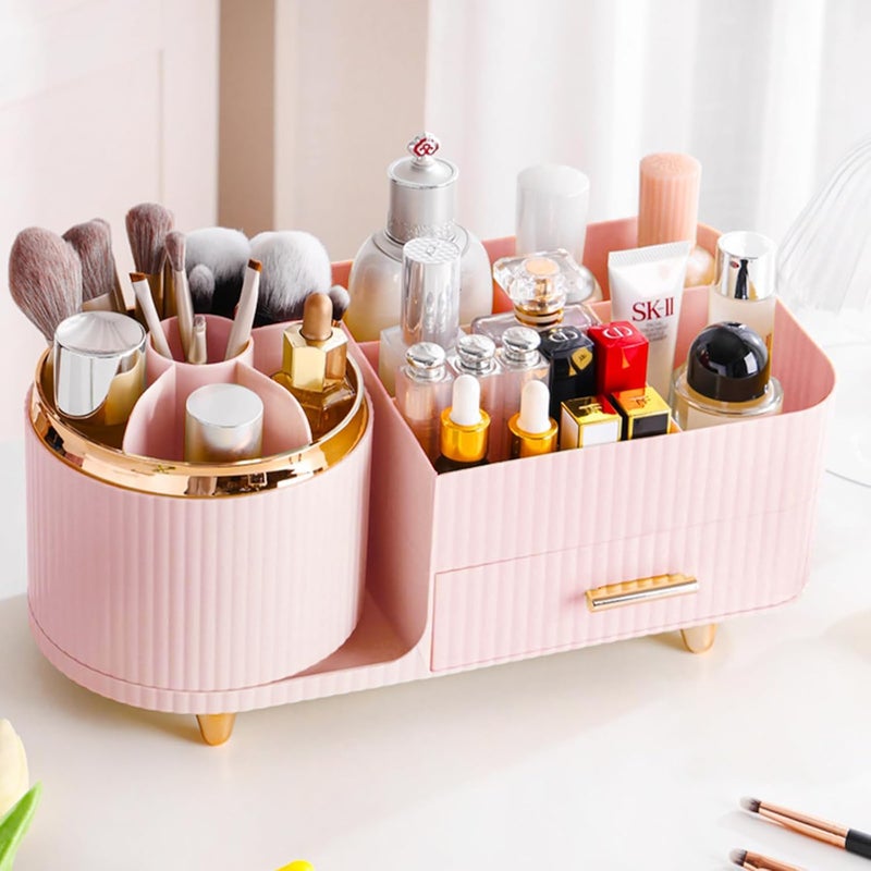 COMFYROOM Rotating Makeup Organizer for Vanity with Brush Holder and Drawer, Cosmetic Makeup Storage, Large Spinning Makeup Skincare Organizer, Countertop Makeup Perfume Organizer, Lotions Display Case (Pink) - Image 1