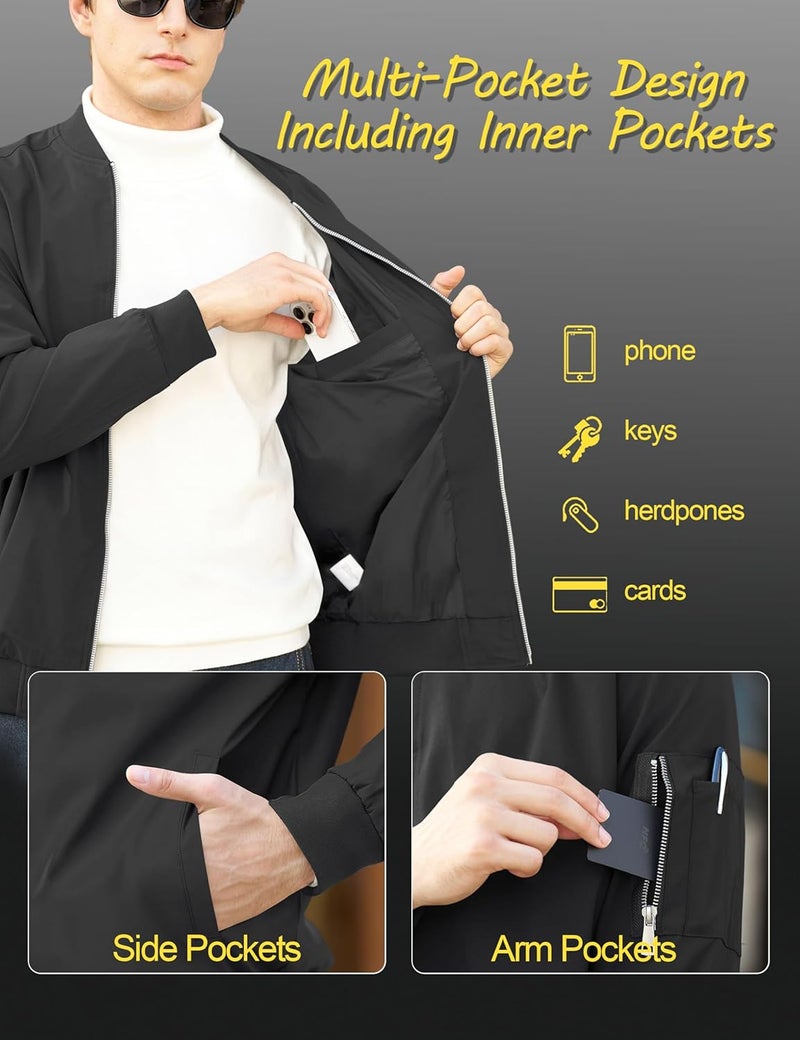 CRYSULLY Men's Lightweight Bomber Jacket - Full Zip Casual Windbreaker with Pockets, Black - Image 5