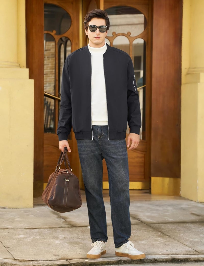 CRYSULLY Men's Lightweight Bomber Jacket - Full Zip Casual Windbreaker with Pockets, Black - Image 2