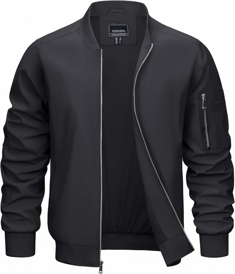 CRYSULLY Men's Lightweight Bomber Jacket - Full Zip Casual Windbreaker with Pockets, Black - Image 1