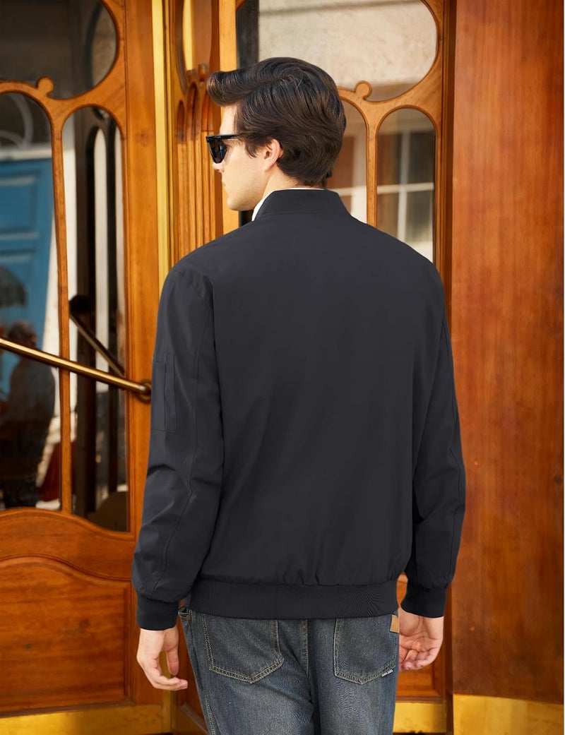 CRYSULLY Men's Lightweight Bomber Jacket - Full Zip Casual Windbreaker with Pockets, Black - Image 3
