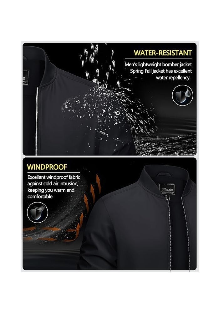 CRYSULLY Men's Lightweight Bomber Jacket - Full Zip Casual Windbreaker with Pockets, Black - Image 4