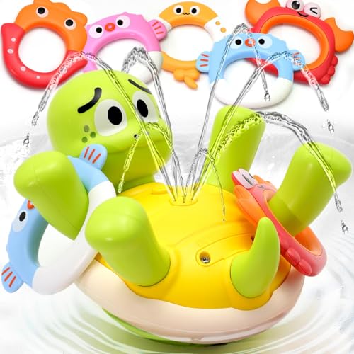 Sizobi Baby Bath Toys Rechargeable Turtle Bath Toy Sprinkler for Toddler with 5 Rings Bathtub Fountain Spray ToyPool Water Bath Toys for Kids Ages 13 Boys Easter Basket Stuffers Birthday Gifts - Image 1