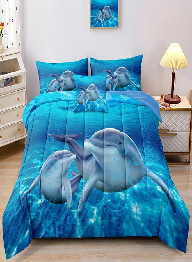 BDUCOK Dolphin Comforter Set Queen Size Bed in a Bag Cute Dolphin Jumping Blue Ocean Themed Bedding Set for Boys Girls Room Decor with Comforter,Pillow Shams,Flat Sheet,Fitted Sheet,Cushion Cover(Queen6Pcs) - Image 1
