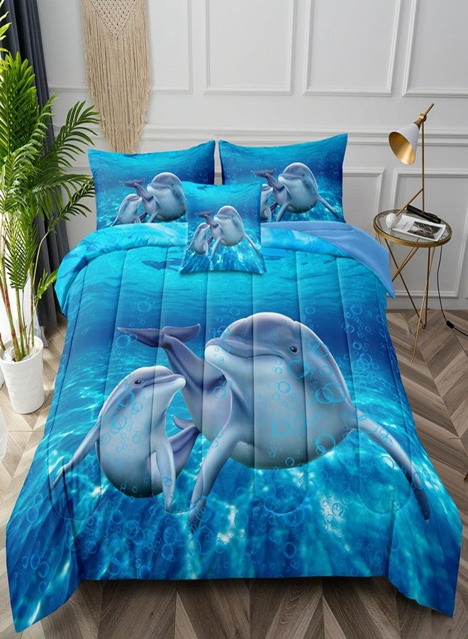 BDUCOK Dolphin Comforter Set Queen Size Bed in a Bag Cute Dolphin Jumping Blue Ocean Themed Bedding Set for Boys Girls Room Decor with Comforter,Pillow Shams,Flat Sheet,Fitted Sheet,Cushion Cover(Queen6Pcs) - Image 2