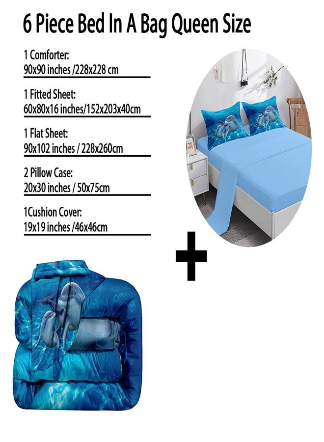 BDUCOK Dolphin Comforter Set Queen Size Bed in a Bag Cute Dolphin Jumping Blue Ocean Themed Bedding Set for Boys Girls Room Decor with Comforter,Pillow Shams,Flat Sheet,Fitted Sheet,Cushion Cover(Queen6Pcs) - Image 3