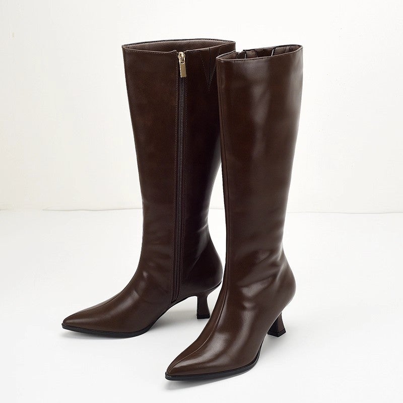 Women's PU Leather Pointed Toe High Heel Knee High Boots - Image 3