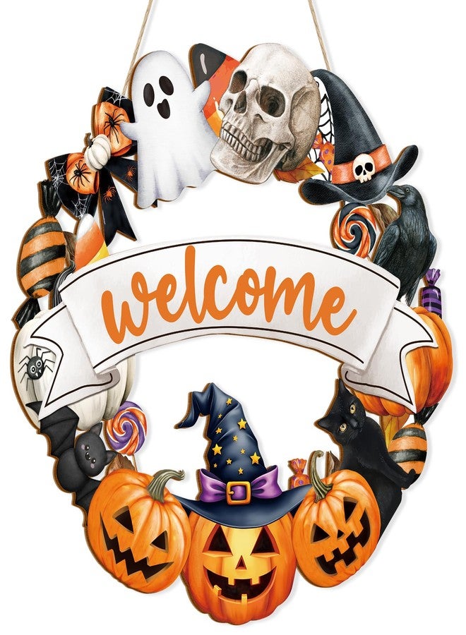 Sophena Halloween Decoration Wooden Ghost Door Wreath for Front Door Sign Wall Signs, Pumpkin Bat Black Cat Happy Halloween Sign Hanging for Home Wall Decor Party Outdoor Indoor Supply - Image 1