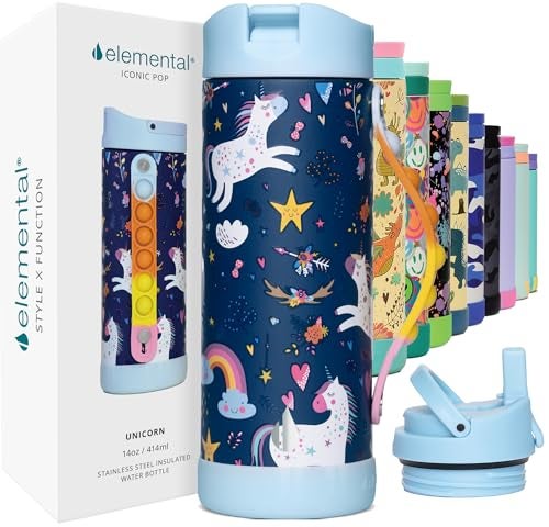 Elemental Iconic Kids Insulated Water Bottle with Straw Lid  Stress Reliever PopIt Handle LeakProof When Closed Water Bottle Kids  Stainless Steel Water Bottle For Kids 14oz  Unicorn