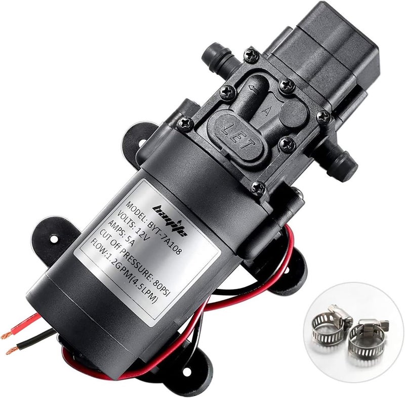 bayite 12V DC Water Transfer Pump with 2 Hose Clamps 12 Volt Diaphragm Pump Self Priming Sprayer Pump with Pressure Switch 4.5 L/Min 1.2 GPM 80 PSI for Weed ATV Marine Boat - Image 1