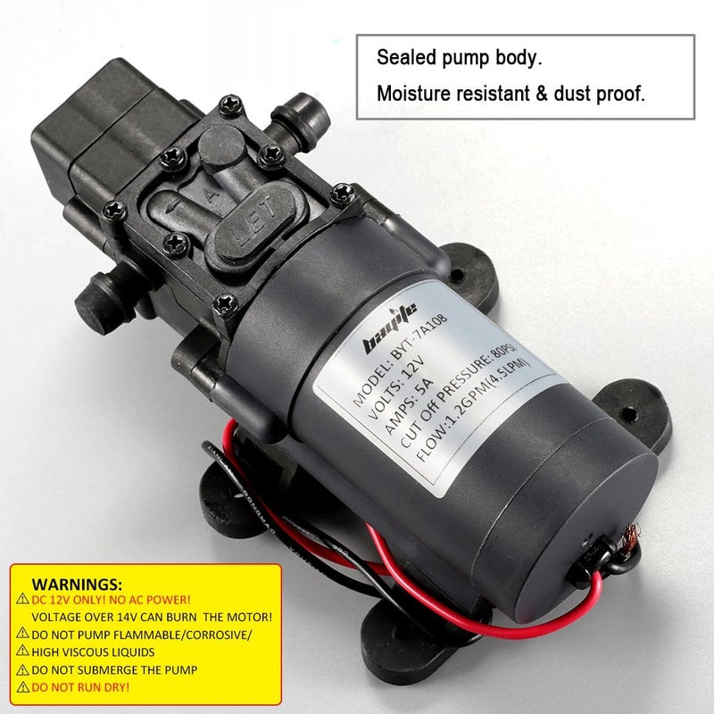 bayite 12V DC Water Transfer Pump with 2 Hose Clamps 12 Volt Diaphragm Pump Self Priming Sprayer Pump with Pressure Switch 4.5 L/Min 1.2 GPM 80 PSI for Weed ATV Marine Boat - Image 2