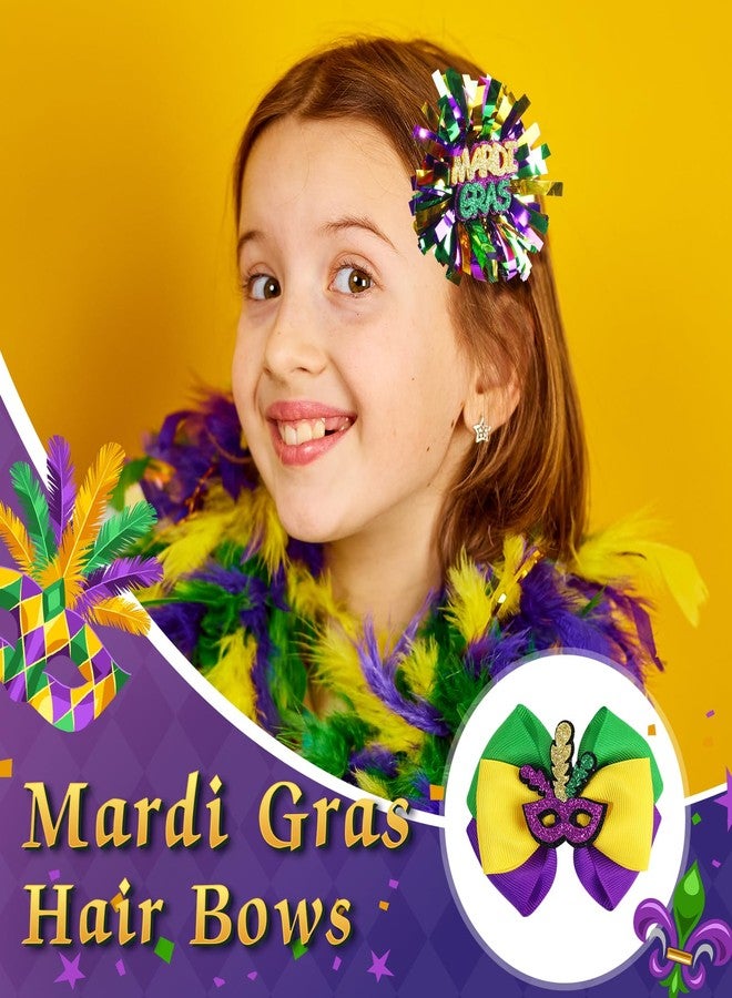 CN 4 PCS Mardi Gras Hair Bows for Girls, Purple Yellow Green Hair Clips Glitter Grosgrain Ribbon Bows with Alligator Clips,Mardi Gras Hair Accessories with Mask for Toddler Kids Teens Parade - Image 2