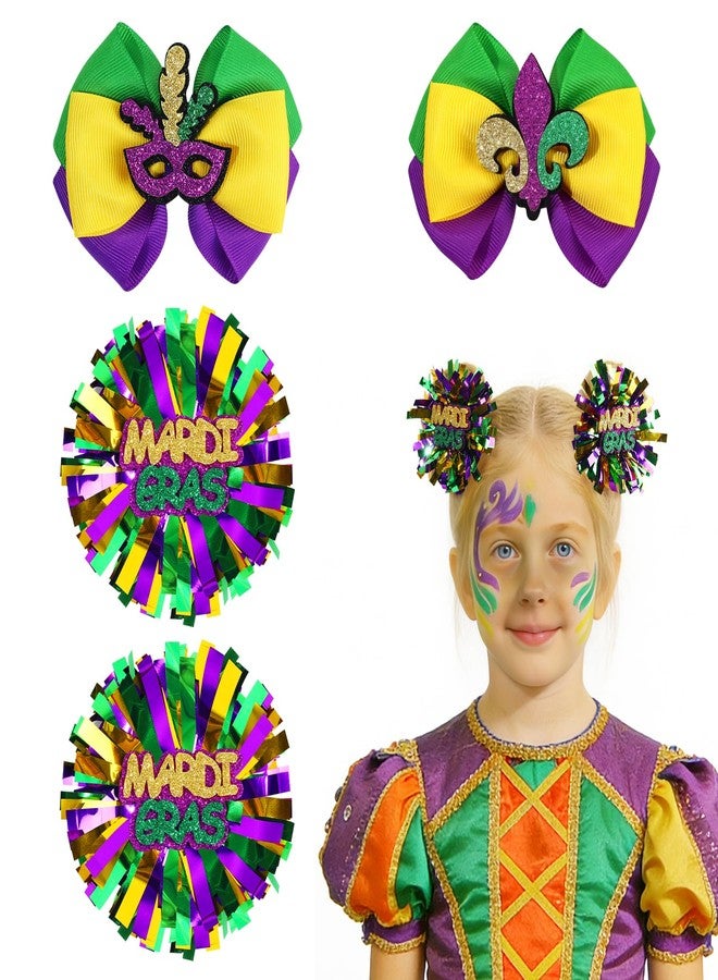 CN 4 PCS Mardi Gras Hair Bows for Girls, Purple Yellow Green Hair Clips Glitter Grosgrain Ribbon Bows with Alligator Clips,Mardi Gras Hair Accessories with Mask for Toddler Kids Teens Parade - Image 1