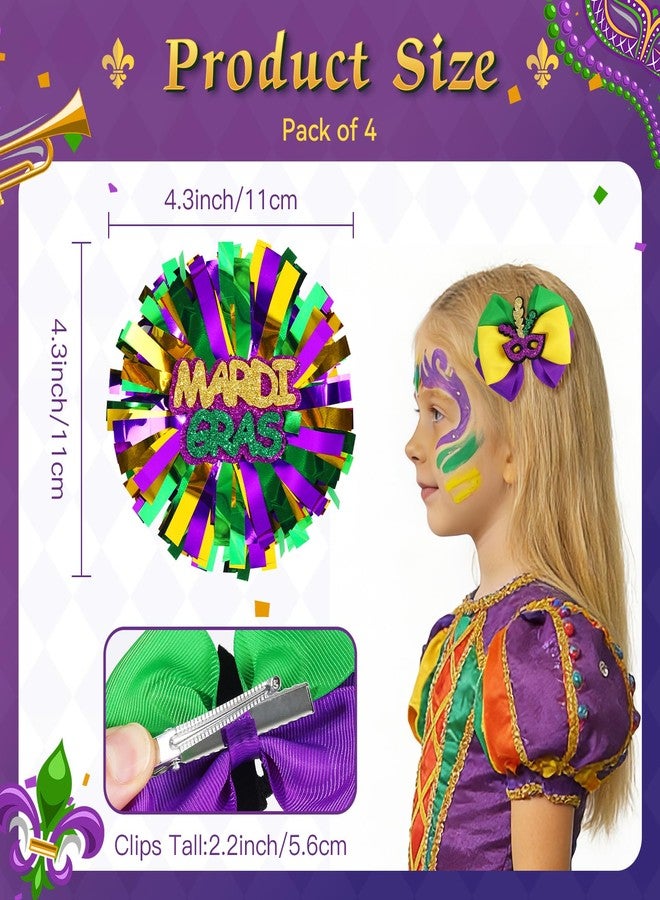 CN 4 PCS Mardi Gras Hair Bows for Girls, Purple Yellow Green Hair Clips Glitter Grosgrain Ribbon Bows with Alligator Clips,Mardi Gras Hair Accessories with Mask for Toddler Kids Teens Parade - Image 3
