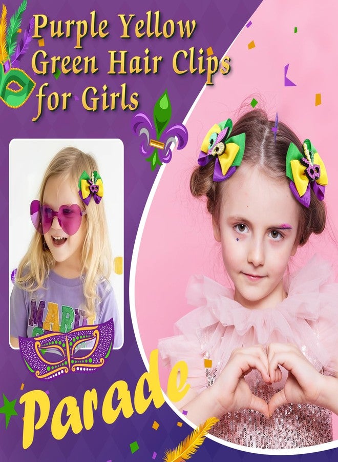 CN 4 PCS Mardi Gras Hair Bows for Girls, Purple Yellow Green Hair Clips Glitter Grosgrain Ribbon Bows with Alligator Clips,Mardi Gras Hair Accessories with Mask for Toddler Kids Teens Parade - Image 5