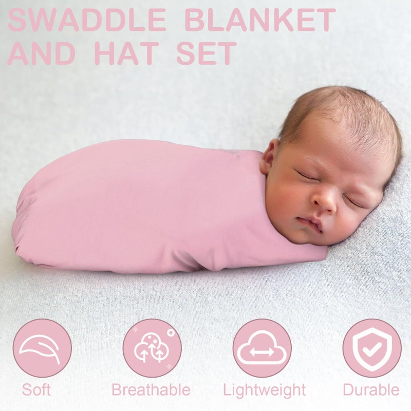 JaGely 2 Pack Baby Newborn Swaddle Blanket and Hat Set 47" x 47" Large Stretchy Newborn Swaddle Blankets with Hat Soft Receiving Blankets for Newborn Baby Boy and Girl Essentials (Pink, Light Purple) - Image 4