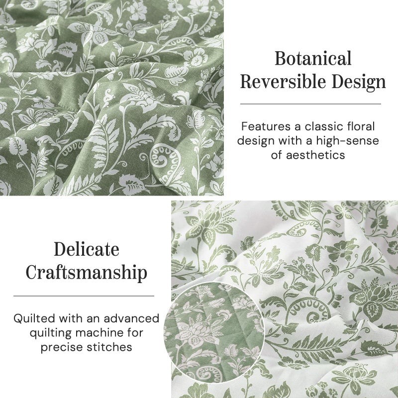 BLOOMHAVEN Quilt Set Queen Size, Green Floral Quilt Sets, Reversible Bedspread Lightweight and Breathable for All Seasons, Soft Quilted Bedspread with 2 Pillow Shams - Image 3