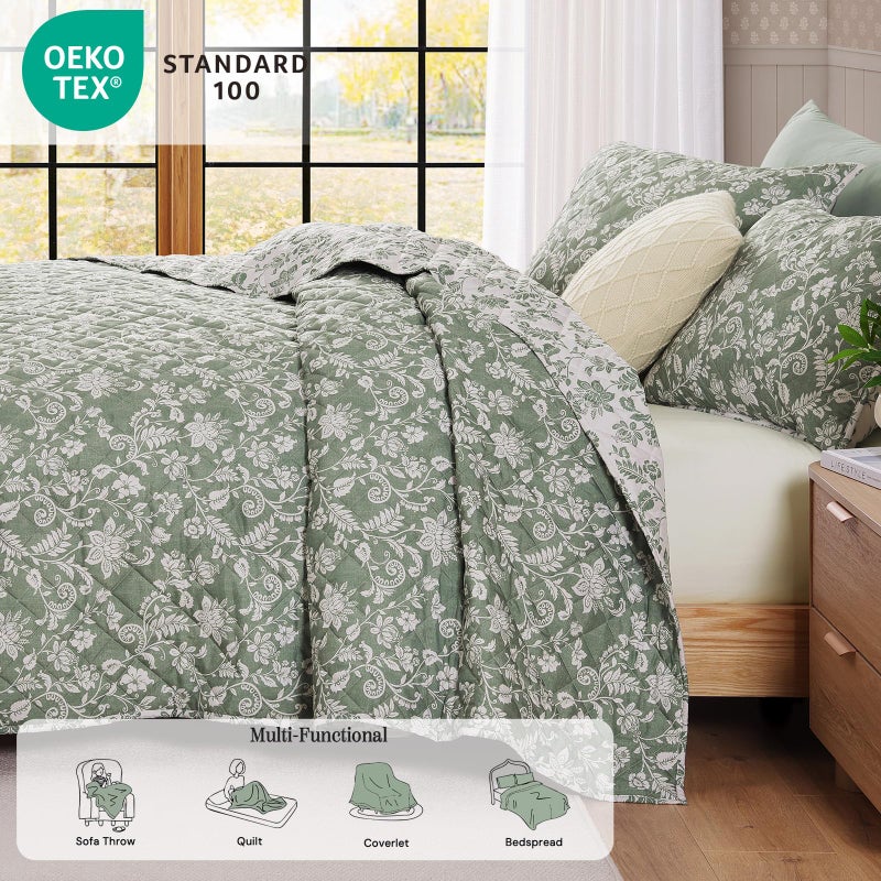 BLOOMHAVEN Quilt Set Queen Size, Green Floral Quilt Sets, Reversible Bedspread Lightweight and Breathable for All Seasons, Soft Quilted Bedspread with 2 Pillow Shams - Image 4