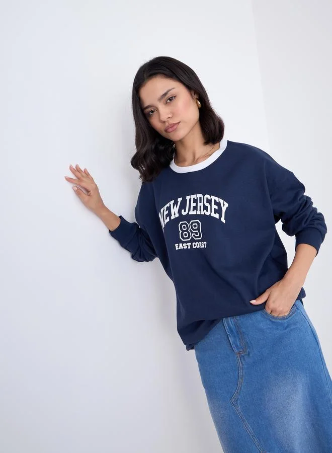 Styli Women Navy New Jersey Print Sweatshirt