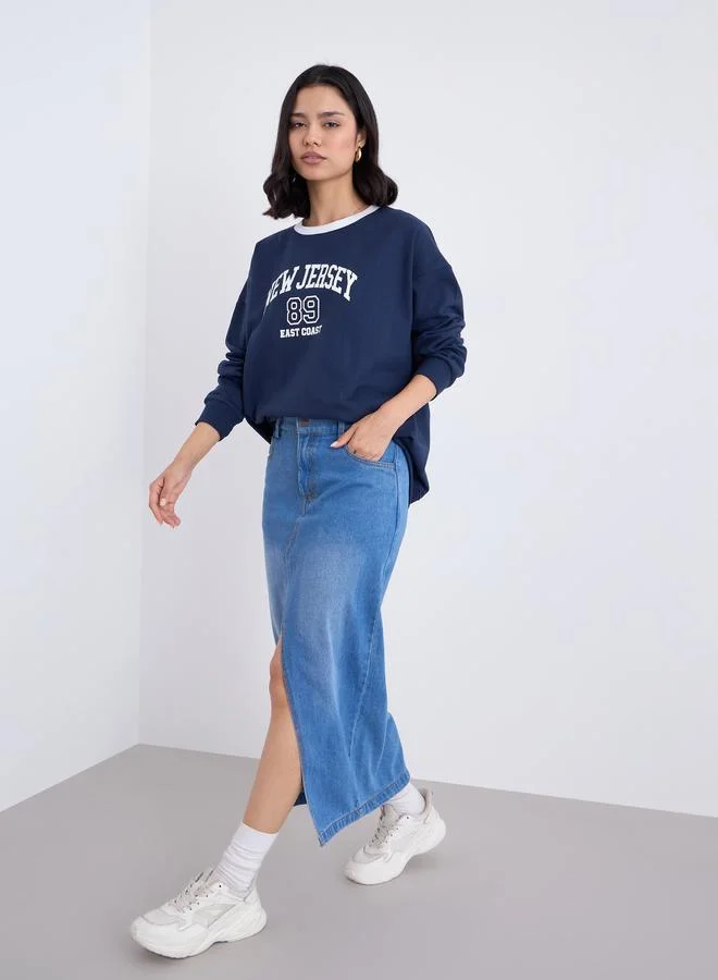 Styli Styli Women Navy New Jersey Print Sweatshirt