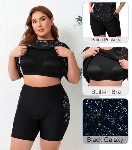 Halcurt Plus Size Two Piece Rash Guard Swimsuit with Short Sleeves Built in Bra Swim Shirt and Shorts Bathing Set Black Galaxy 2X - Image 5