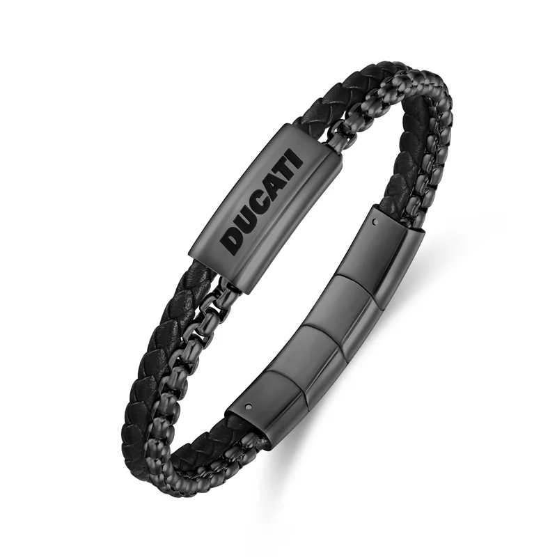 Ducati Drifter Black Leather with Black Chain Bracelet for Men
