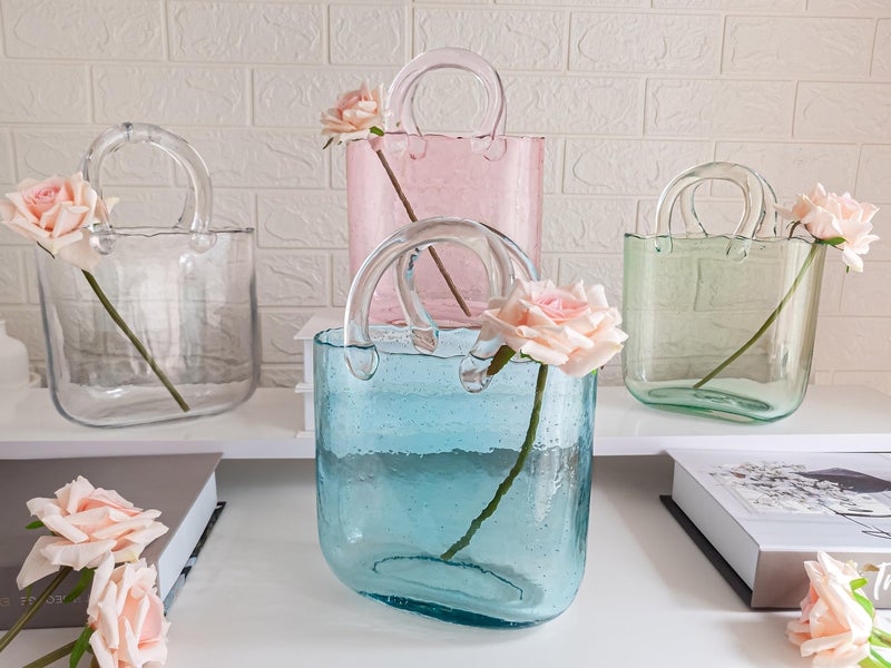 OLEEK Purse vases for Flowers (Handmade) Glass Bag vase -10 Inches- Blue for centerpieces & Fish Bowl - Handbag Unique Flower vase Decorative - Glass Handbag for Cute Room Decor - Image 4