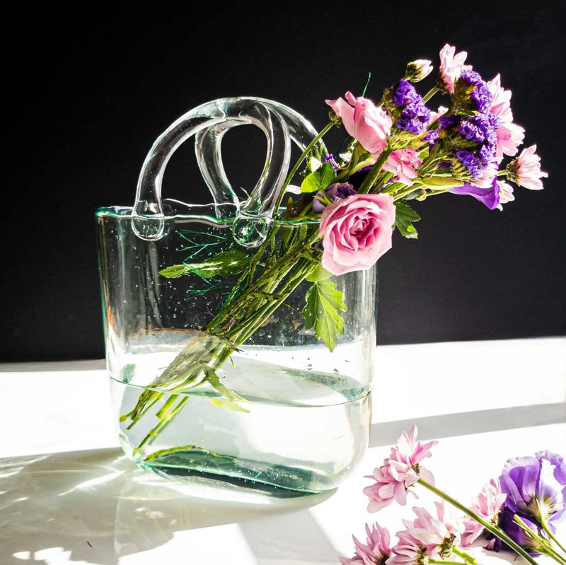OLEEK Purse vases for Flowers (Handmade) Glass Bag vase -10 Inches- Blue for centerpieces & Fish Bowl - Handbag Unique Flower vase Decorative - Glass Handbag for Cute Room Decor - Image 5