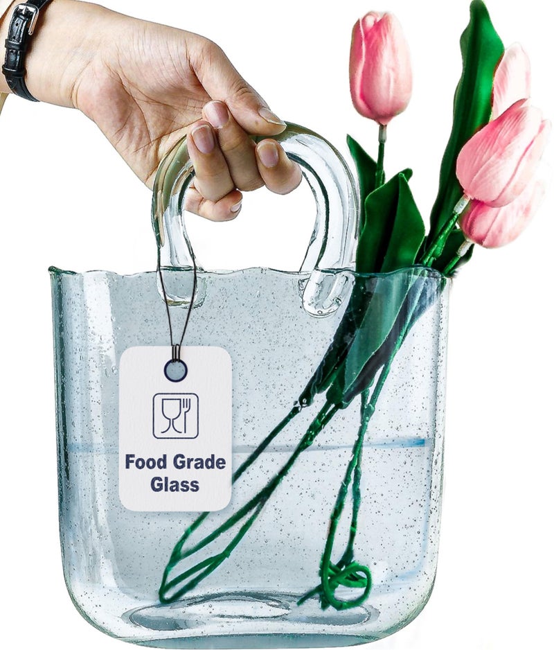 OLEEK Purse vases for Flowers (Handmade) Glass Bag vase -10 Inches- Blue for centerpieces & Fish Bowl - Handbag Unique Flower vase Decorative - Glass Handbag for Cute Room Decor - Image 1