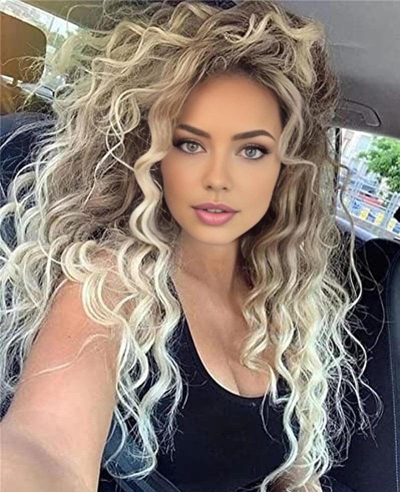 Fencca Layered Blonde Long Curly Wigs for Women Lightweight Synthetic Wavy Wig Mix Color Natural Hair Replacement Wig Fluffy