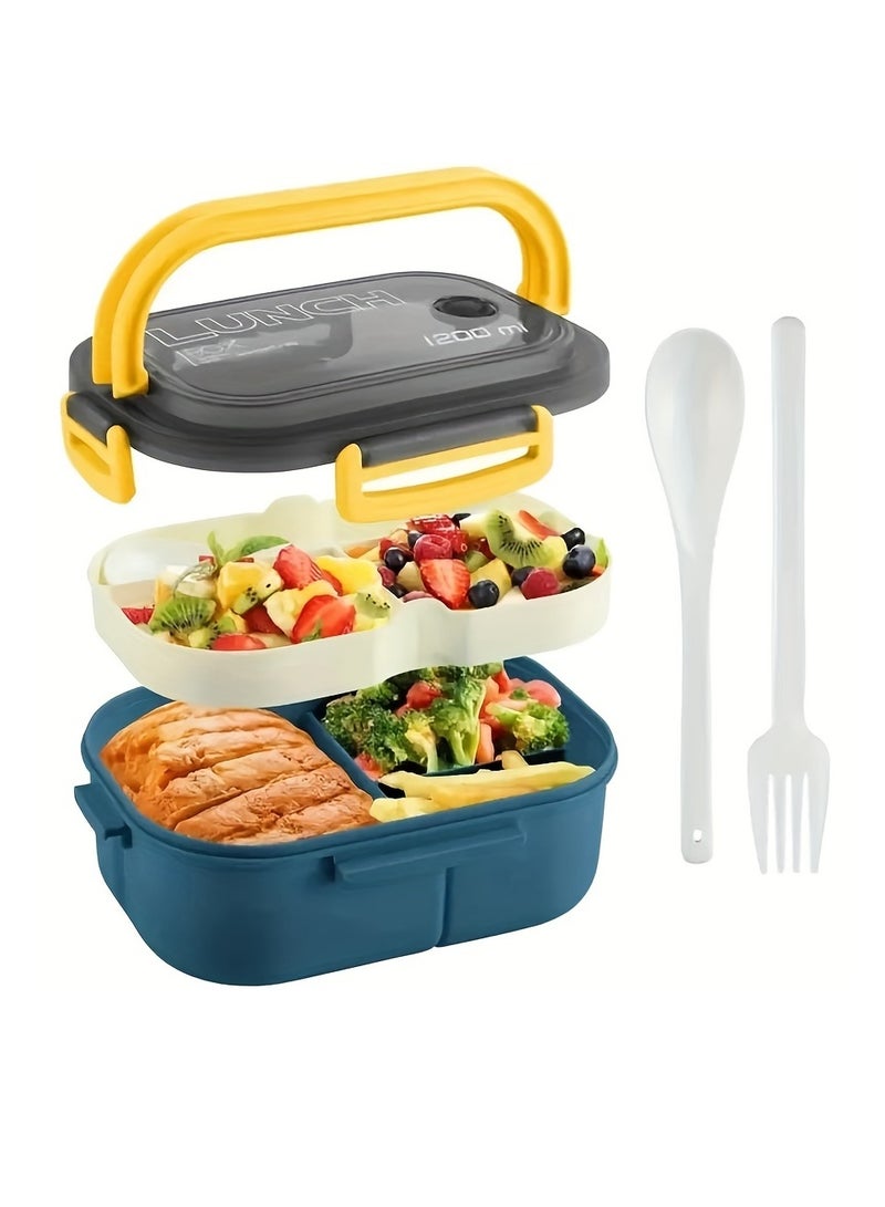 1200ml 2-Layers Sealed Lunch Box Fruits Student Office Worker Microwavable Bento Box with Fork Spoon (Without Chopsticks)  - Image 1