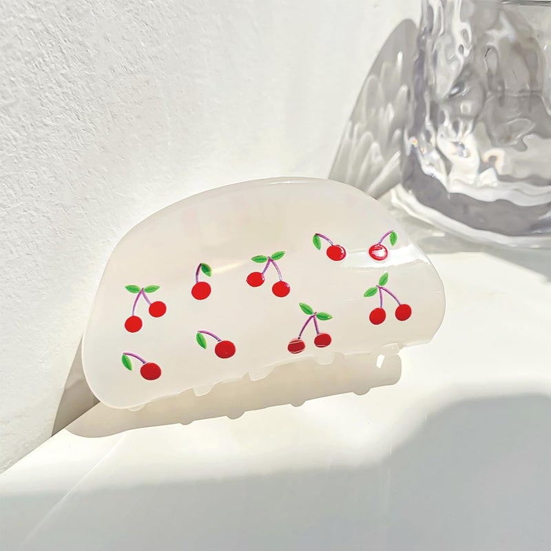 32 Vintage Pattern Print Hair Claw Clip with Cherry NonSlip Strong Hold Hair Accessories for Women Girls Thin Hair Cherry White
