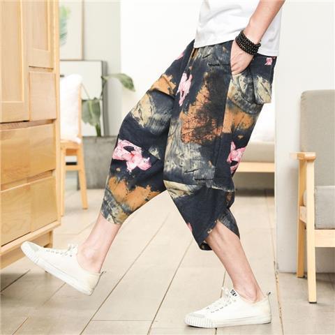 Summer Lantern Mens Wide Leg Small Feet Loose plus size Chinese Style Cropped Beach Harlan Casual Shorts K77 Lotus  - Image 1