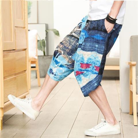Summer Lantern Mens Wide Leg Small Feet Loose plus size Chinese Style Cropped Beach Harlan Casual Shorts K77 Lotus  - Image 2