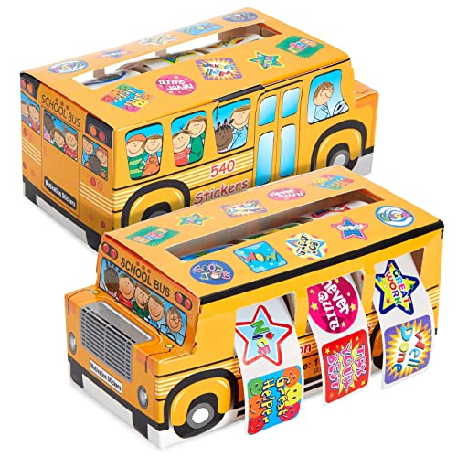 Juvale Teacher Reward Motivational Stickers 6 SelfAdhesive Rolls 1080 Count 2 School Bus Dispensers 1 in Multicolor Star Square Circle Designs Classroom Essentials Teacher Supplies - Image 1