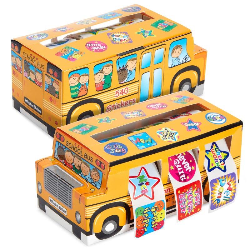 Juvale Teacher Reward Motivational Stickers 6 SelfAdhesive Rolls 1080 Count 2 School Bus Dispensers 1 in Multicolor Star Square Circle Designs Classroom Essentials Teacher Supplies - Image 2
