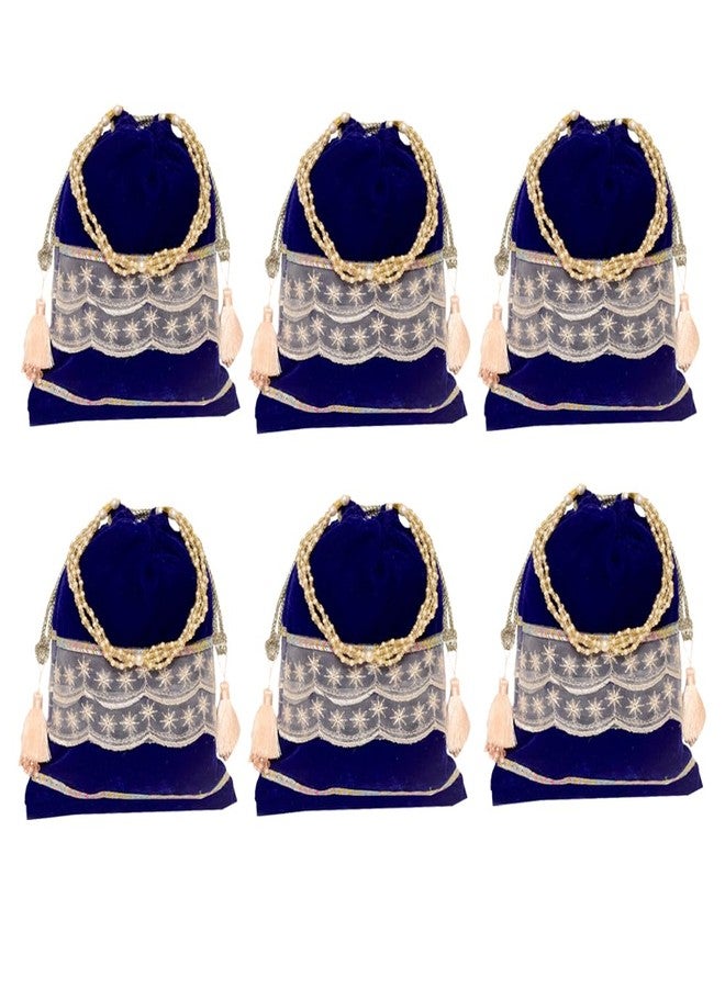 Dulhan Velvet Potli Bag with Pearl Handle | Sequin Tissue Lace Zari Tassels and Resham Dori | Royal Blue Soft Padded Wedding Shagun Pouch for Return Gifts, Wedding, Winter and Festive Use (pack of 6) - Image 1