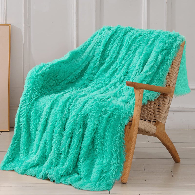 Tuddrom Decorative Extra Soft Faux Fur Throw Blanket 50""x60"" Solid Reversible Fuzzy Lightweight Long Hair Shaggy Blanket Fluffy Cozy Plush Fleece Comfy Microfiber Blanket for Couch Sofa Bed Teal Blue - Image 1