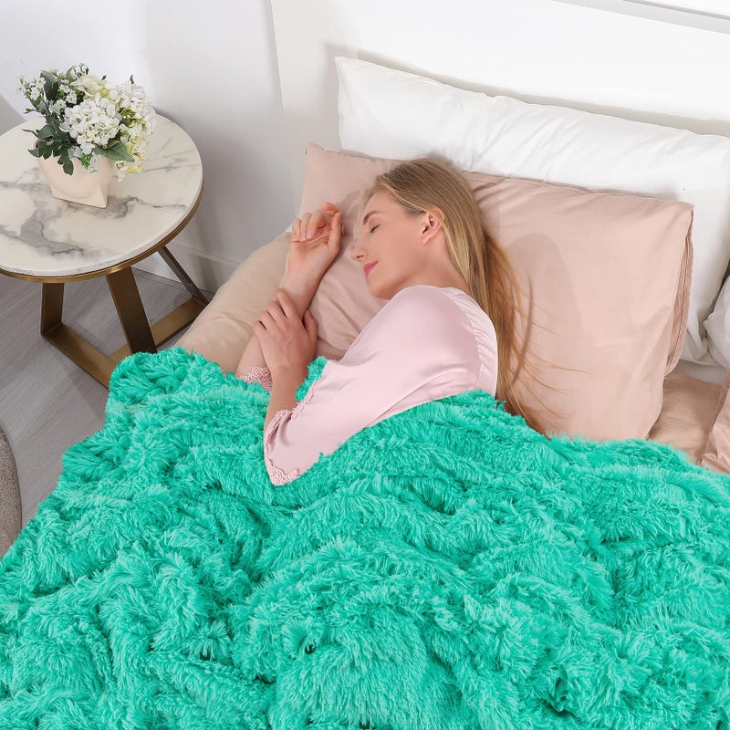 Tuddrom Decorative Extra Soft Faux Fur Throw Blanket 50""x60"" Solid Reversible Fuzzy Lightweight Long Hair Shaggy Blanket Fluffy Cozy Plush Fleece Comfy Microfiber Blanket for Couch Sofa Bed Teal Blue - Image 3