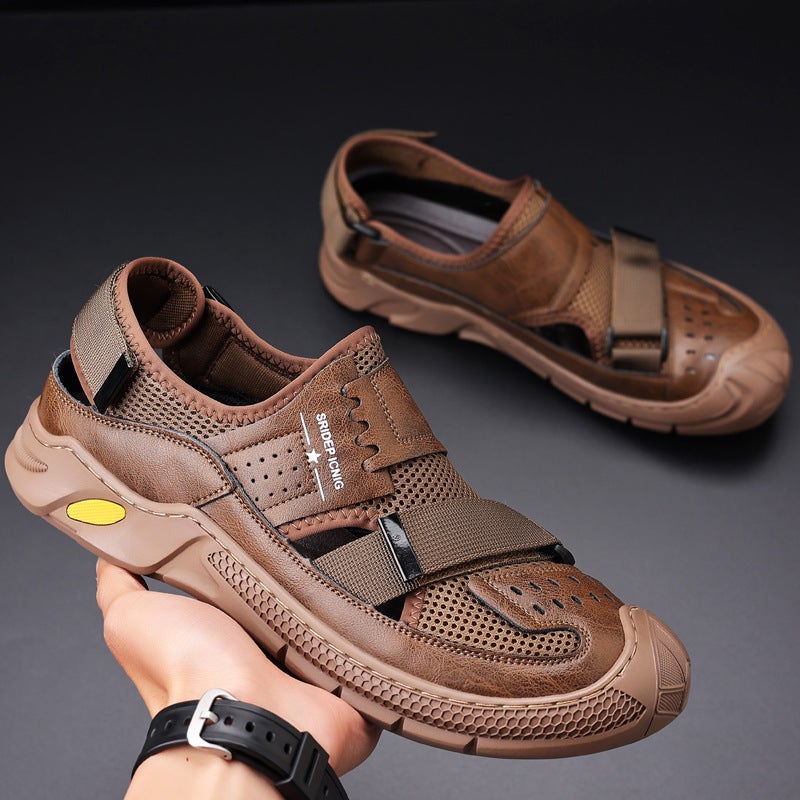 2024 Hollow Leather Sandals Men'S Genuine Leather Outdoor Sports Hole Shoes All-Match Soft Bottom Shoes For Men - Image 1