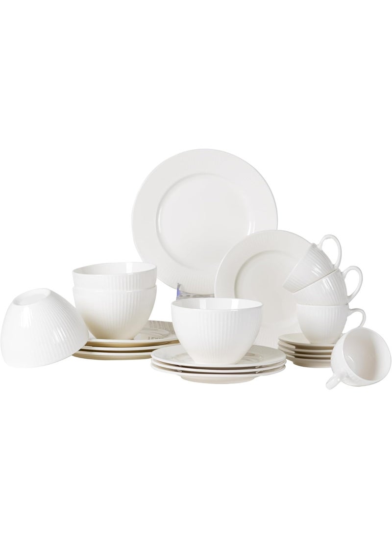 GOLD MANTIS 20-Piece White Ceramic Dinnerware and Coffee Set – 10.5 Inch & 8 Inch Plates, 6 Inch Coffee Saucers, 6 Inch Bowls, 7.3 oz Cups – Microwave, Dishwasher, Oven Safe – Elegant Minimalist Design for Dining  - Image 2