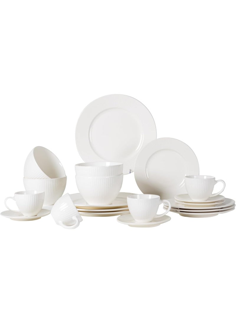 GOLD MANTIS 20-Piece White Ceramic Dinnerware and Coffee Set – 10.5 Inch & 8 Inch Plates, 6 Inch Coffee Saucers, 6 Inch Bowls, 7.3 oz Cups – Microwave, Dishwasher, Oven Safe – Elegant Minimalist Design for Dining  - Image 1