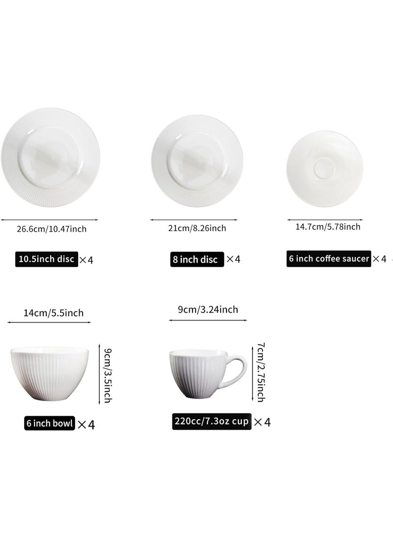 GOLD MANTIS 20-Piece White Ceramic Dinnerware and Coffee Set – 10.5 Inch & 8 Inch Plates, 6 Inch Coffee Saucers, 6 Inch Bowls, 7.3 oz Cups – Microwave, Dishwasher, Oven Safe – Elegant Minimalist Design for Dining  - Image 4