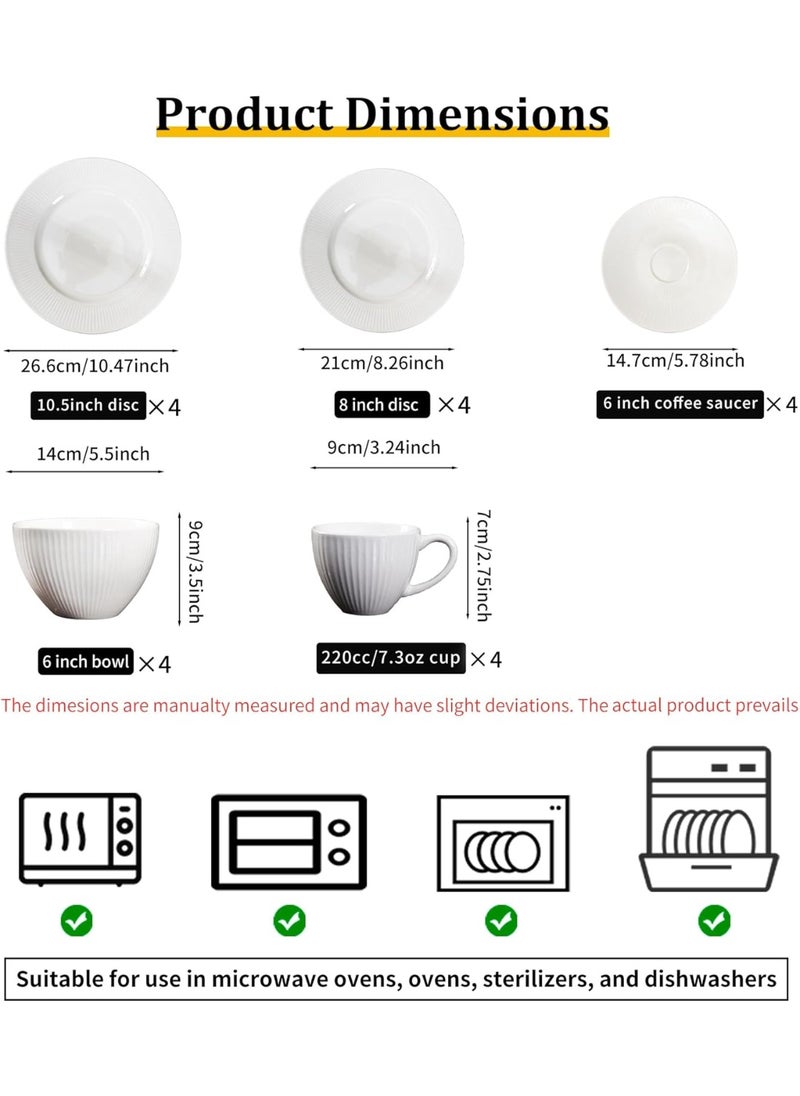 GOLD MANTIS 20-Piece White Ceramic Dinnerware and Coffee Set – 10.5 Inch & 8 Inch Plates, 6 Inch Coffee Saucers, 6 Inch Bowls, 7.3 oz Cups – Microwave, Dishwasher, Oven Safe – Elegant Minimalist Design for Dining  - Image 3