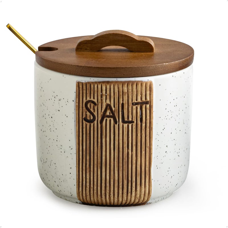 YHOJOY Salt Container for Countertop, Ceramic Salt Cellar with Lid and Spoons, 10 OZ Salt Bowl Holder, White - Image 1
