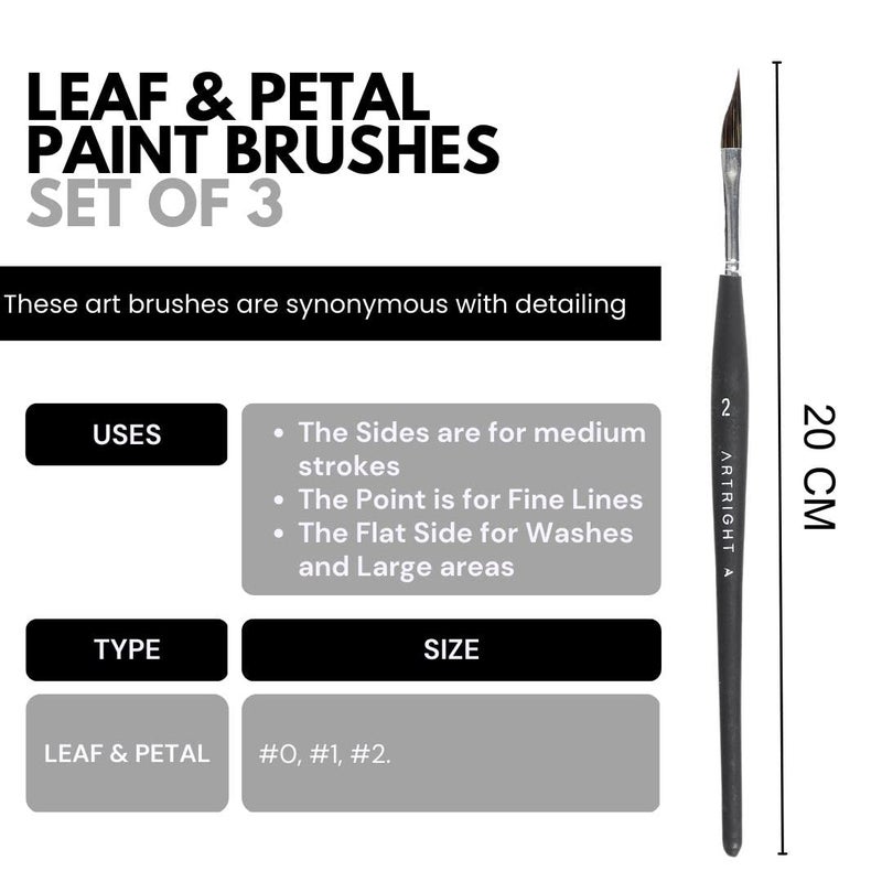ArtRight wood Leaf & Petal Paint Brushes Set of 3 (#0, #1 & #2) with Seamless Synthetic Bristles - 3 Premium Artists' Liner Painting Brushes Inc Dagger Brush for Acrylic Painting, Oil Painting & More - Image 2