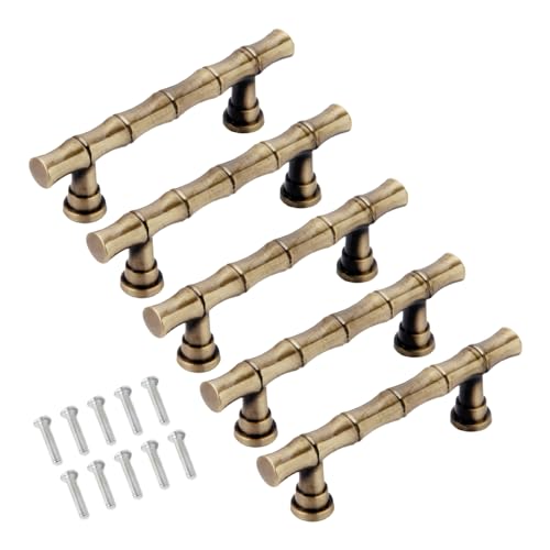 Mgoodoo 5PCS Bamboo Shape Handle, Zinc Alloy Brass Drawer Pull 4.21'' Retro Knob Antique for Cabinet Closet Dresser Bathroom Wardrobe Cupboard(Hole Spacing 64mm/2.52'') - Image 1