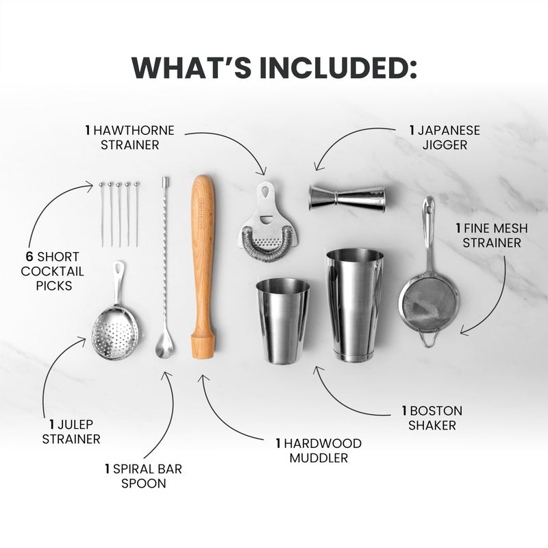 A Bar Above 14-Piece Stainless Steel Bartender Kit, Premium Professional Barware Set for Home Bars and Mixologists, Includes Cocktail Shaker, Jigger, Spoon, Strainers, Muddler, Picks, and More - Image 3
