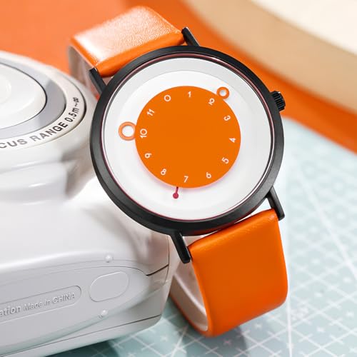 Gosasa Minimalist Casual Unisex Quartz Watch – Unique Hands Design, Fashion Sports Waterproof Wristwatch for Men & Women with Leather Band (Orange) - Image 3